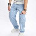 RNSHANGER High Street Men's Jeans Casual Straight Leg Blue Male Denim Pants  Loose Street Hip Hop Long Jeans with Pocket