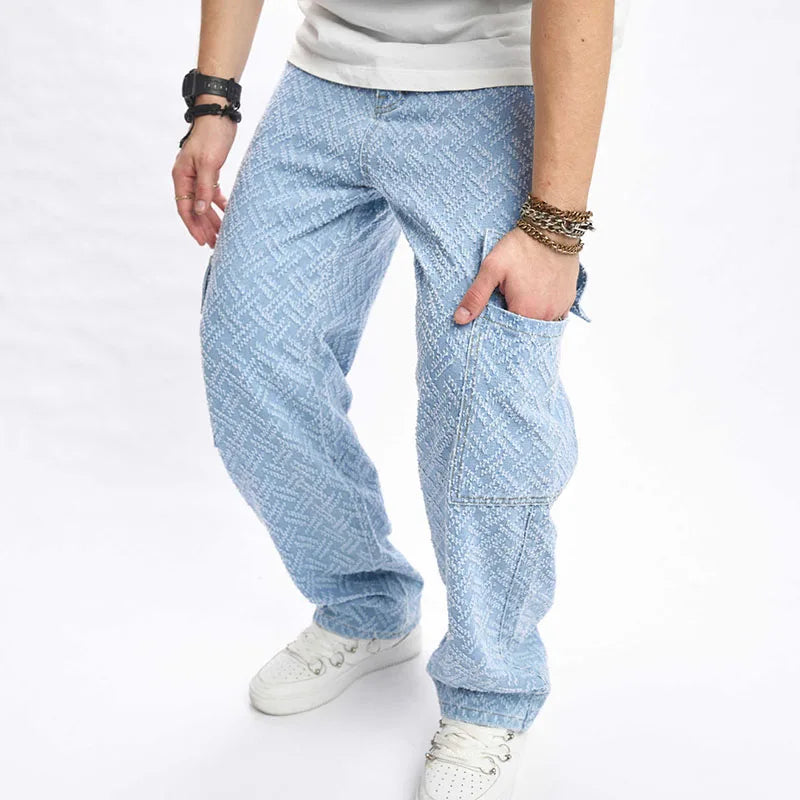 RNSHANGER High Street Men's Jeans Casual Straight Leg Blue Male Denim Pants  Loose Street Hip Hop Long Jeans with Pocket