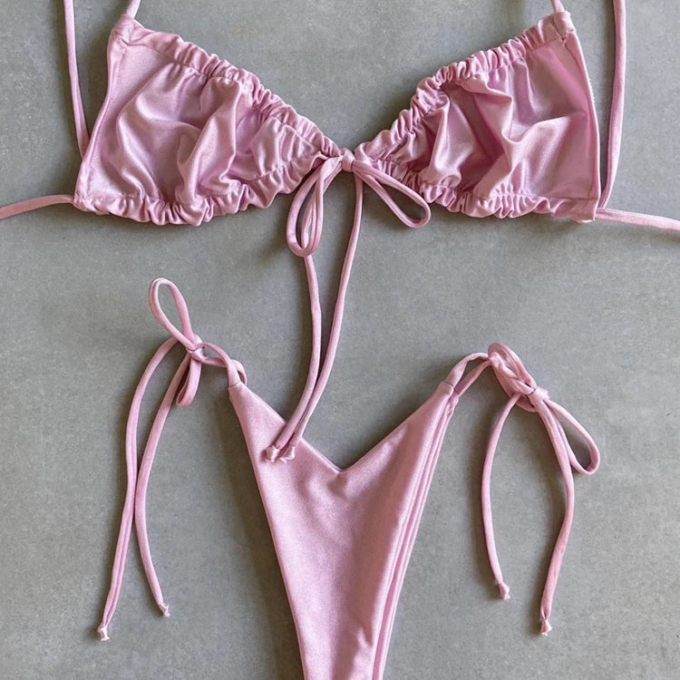 2020 Split Swimsuit Solid Color New Female Bikini Thin Strap Swimsuit