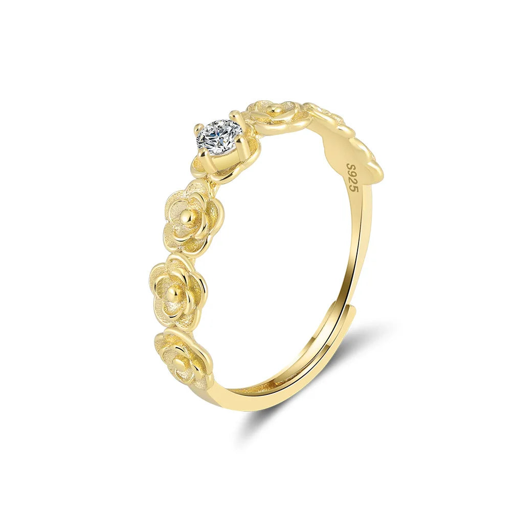 Fine Jewelry 5A CZ Stone Rings Gold Plated 925 Sterling Silver Rose Flower Ring Women