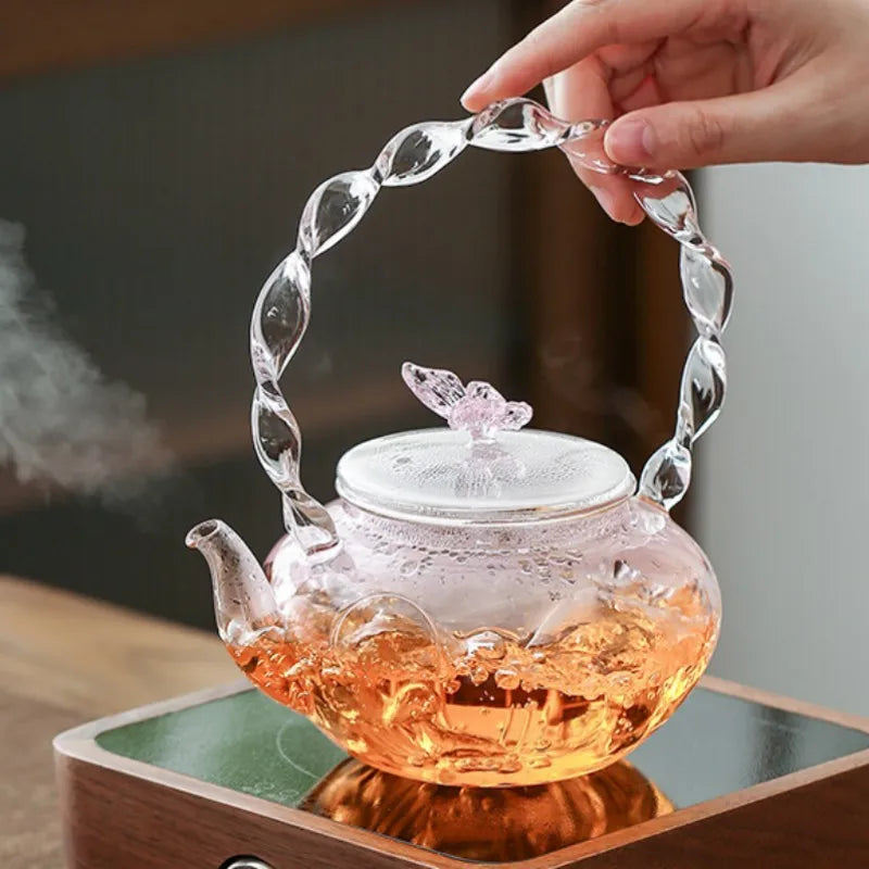 Wholesale Commercial Insulated Resistant Luxury Pink High Borosilicate Glass 700ml Eco-Friendly Tea Pot Infuser Kettle Custom