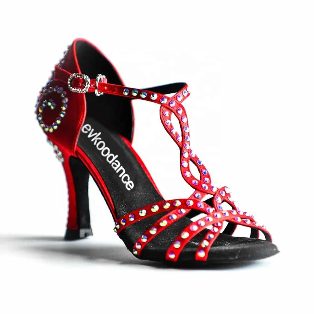 New Arrival Latin Salsa Ballroom Dance Shoes for Women 7cm Heel Red Satin Rhinestone Dancing Sport Shoes