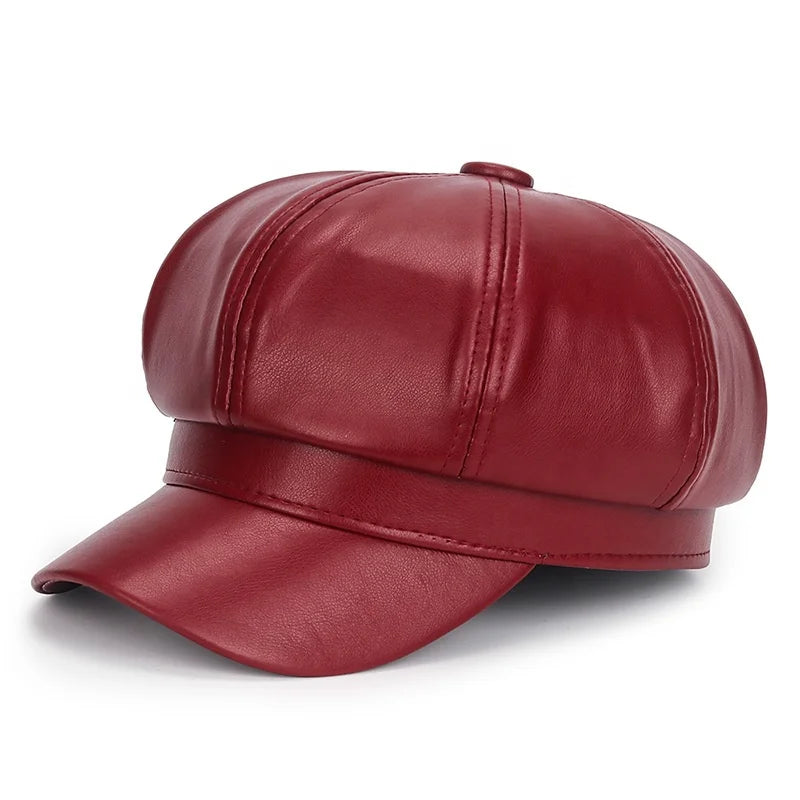 MIO  Newsboy Cap Fashion Artist PU Leather Retro Female Stylish Cap Spring Winter Casual Beret Women