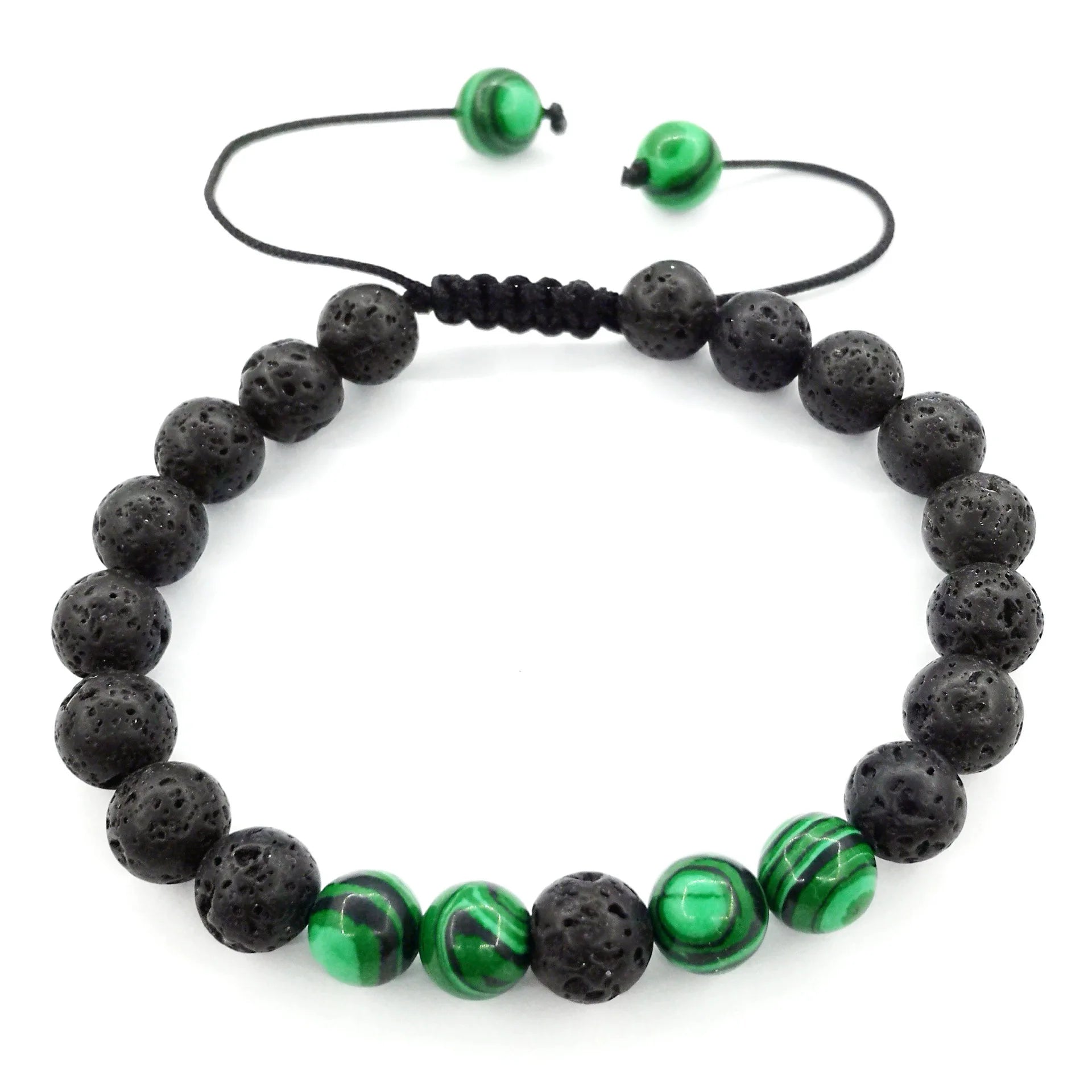Factory Wholesale 8mm Beaded Bracelets for Men Women Volcanic Rock and Malachite Color Braided Cord Adjustable Bangles