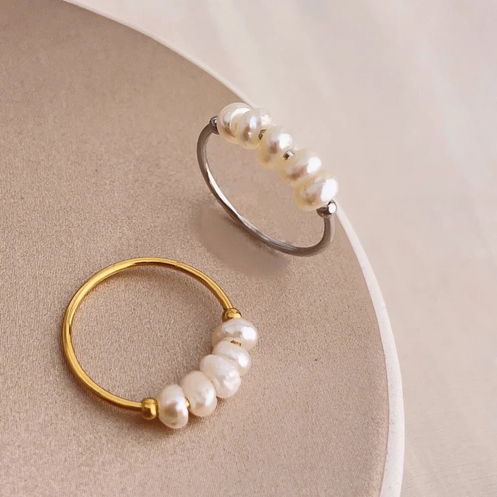 18K Gold Plated Dainty Minimalistic Freshwater Pearl Ring Stainless Steel Baroque Pearl Ring Gifts for Women