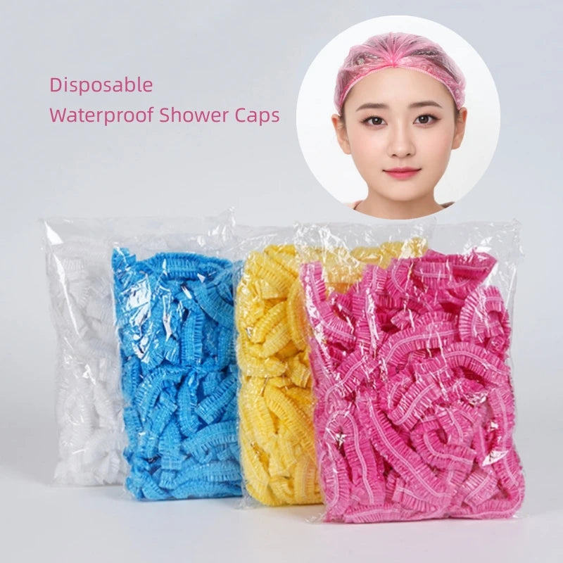 100pcs/bag Disposable Shower Caps Plastic Waterproof Headgear Cover Spa Salon Hotel Hair Dye Bathing Women Elastic Hair Cap