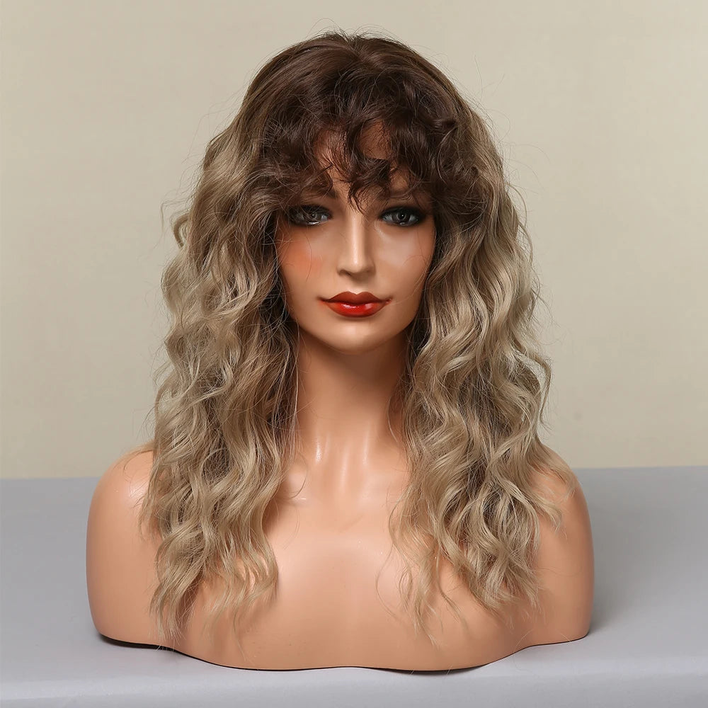 Fast Delivery Long Wavy Synthetic Wigs With Bangs Ombre Dark Brown Wig for Black Women Curly Hair Wig Wholesale