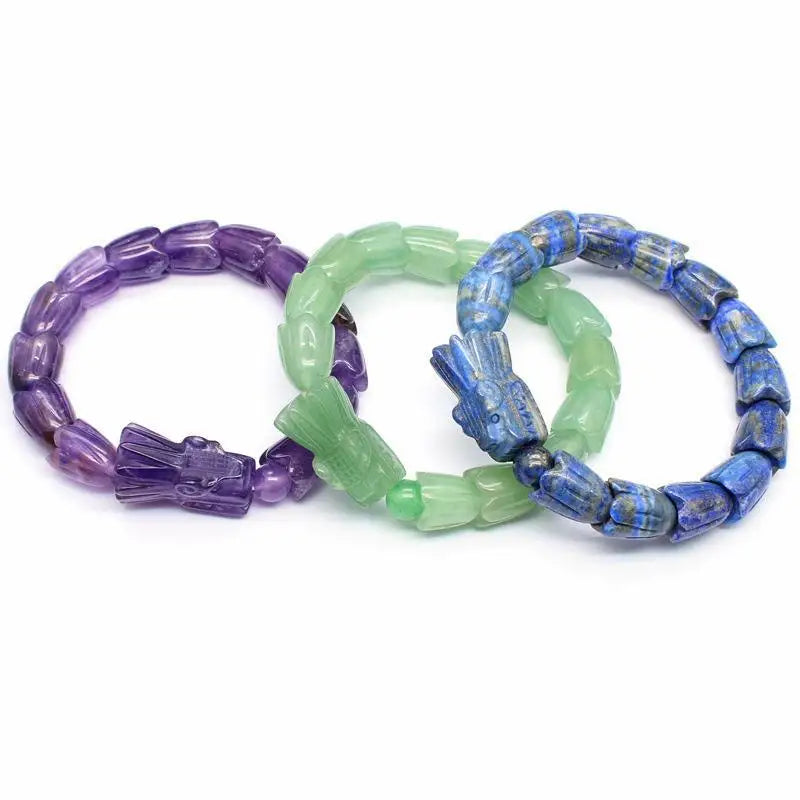 Fashion Wholesale Jewelry Natural Stone Amethyst Lapis Lazuli Rose Quartz Black Obsidian Chinese Dragon Head Bracelet for Men