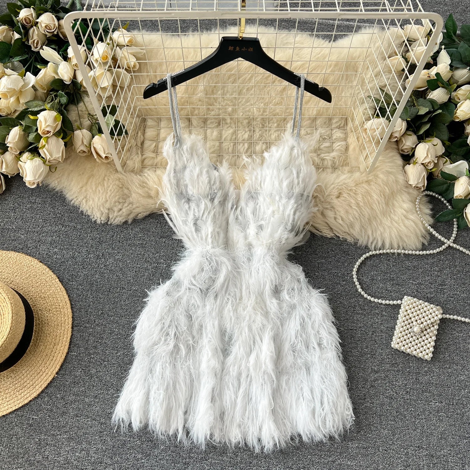 Girl Deep V-neck Open Back Feather Spliced Large Swing Strap Dress