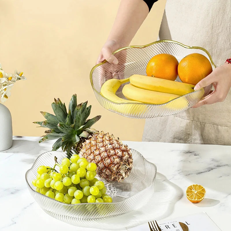 Kitchen Snack Appetizer Dessert Storage Tray Home Decorative Candy Plate Bar Corrugated Transparent Gold Rim Glass Fruit Bowl