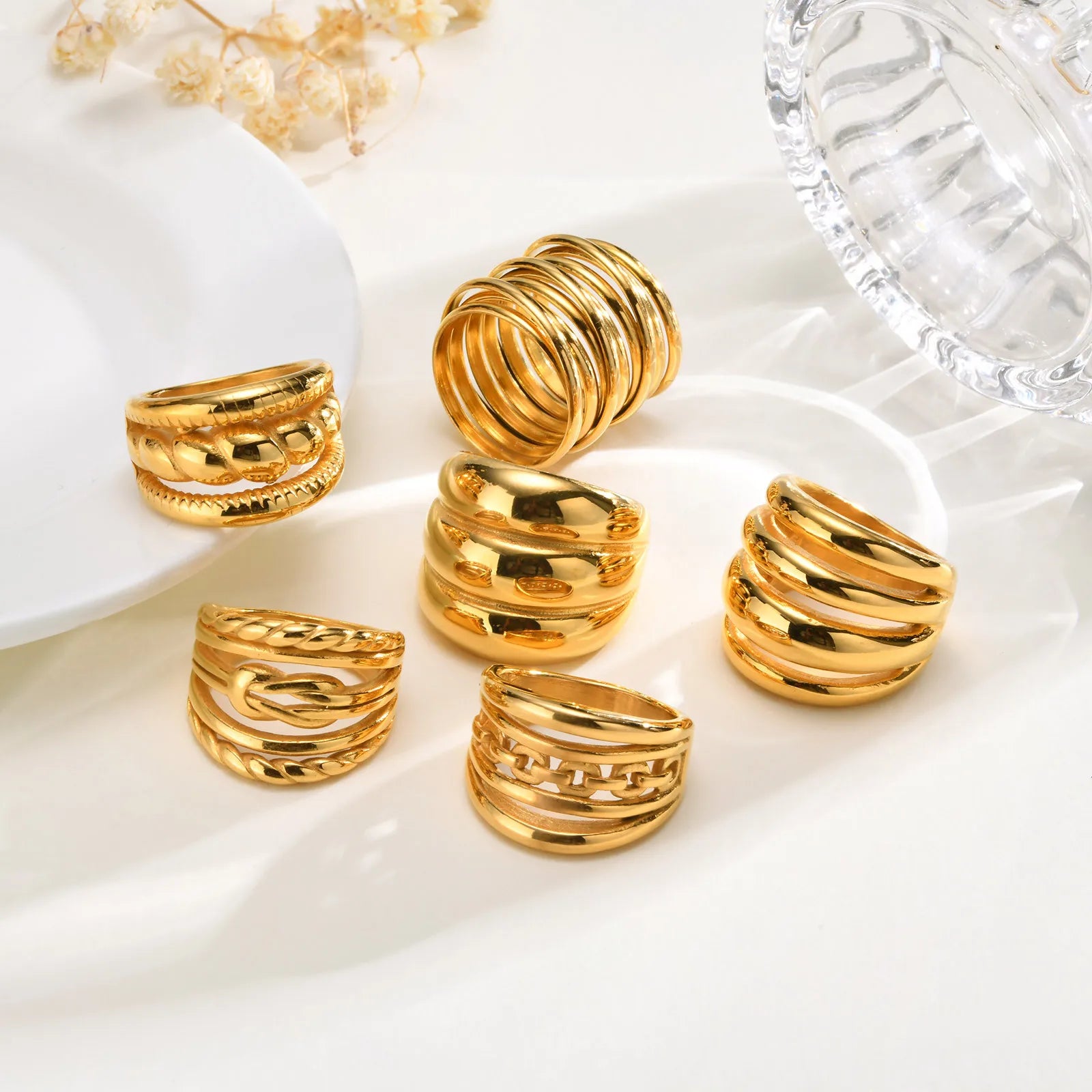 Wholesale Retro Style Chunky Stainless Steel 18K Gold Plated Multi-Layer Ring Waterproof Jewelry for Wedding and Gift