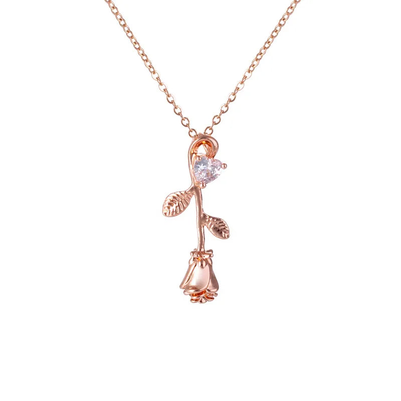 Delicate Gold Plated Stainless Steel Chain Necklace for Women Girl Heart Crystal Rose Flower Pendant Necklaces Luxury Jewelry