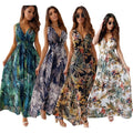 Women Summer New Fashion V Neck Sexy Backless Printed Casual Sling Dress