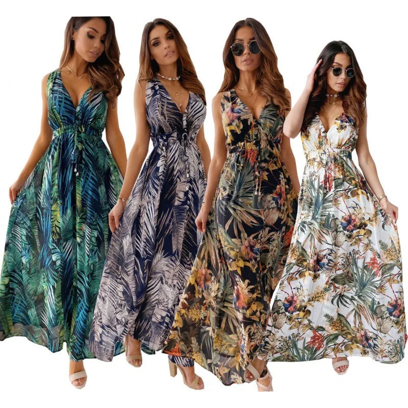 Women Summer New Fashion V Neck Sexy Backless Printed Casual Sling Dress
