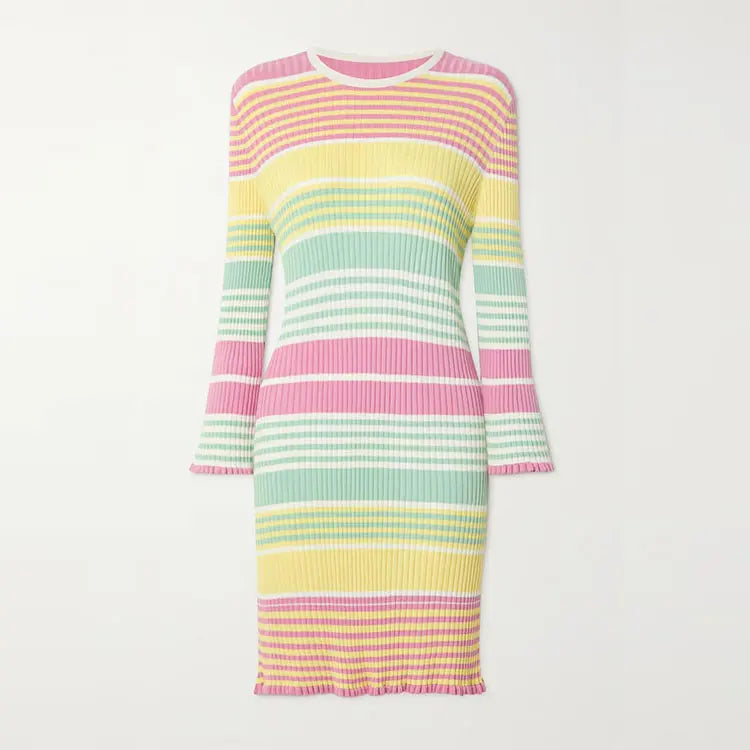 Knitwear Custom Colorful Stripe Crew Neck Flare Long Sleeve Rib Knit Women's Midi Sweater Dress Simple Summer Winter