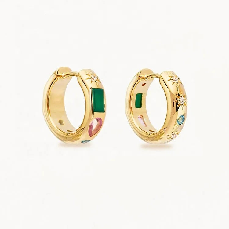 LOZRUNVE Fashion 14k Gold Plated Jewelry Wholesale Star Colored CZ Wide Bold Huggie Hoop Earring