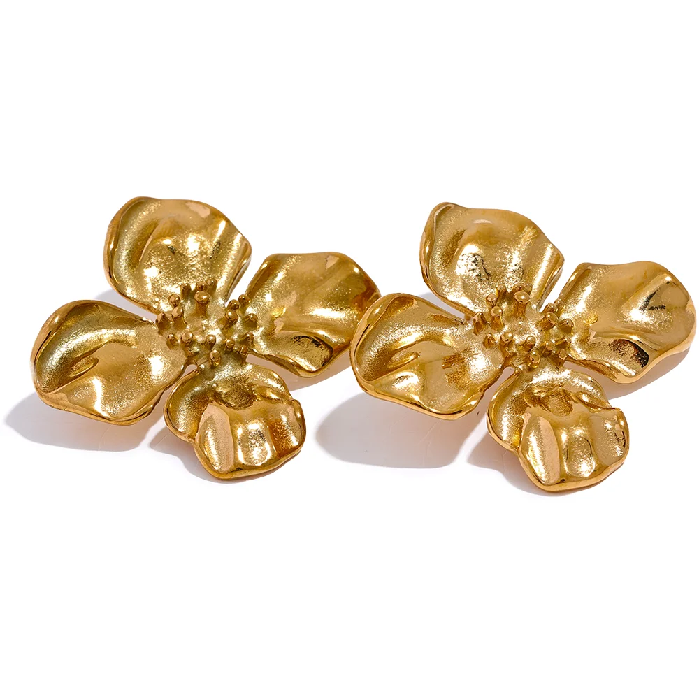 JINYOU 1802 Waterproof Stainless Steel Flower Stud Earrings 18k Gold Plated Metal Texture Fashion Jewelry for Women Gala Gift
