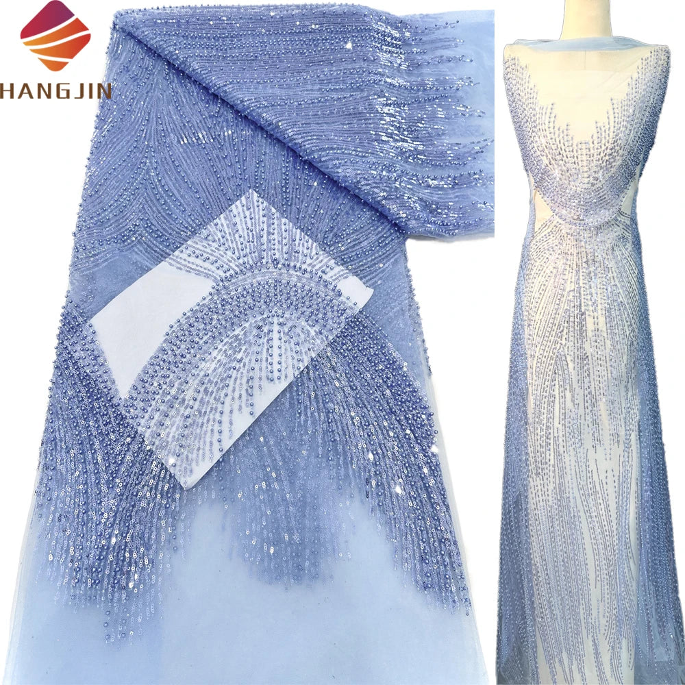 2025 Luxury Beaded Lace Fabric for Asoebi Handmade Embroidery African Nigeria Sequins Beaded Lace Fabrics for Evening Dresses