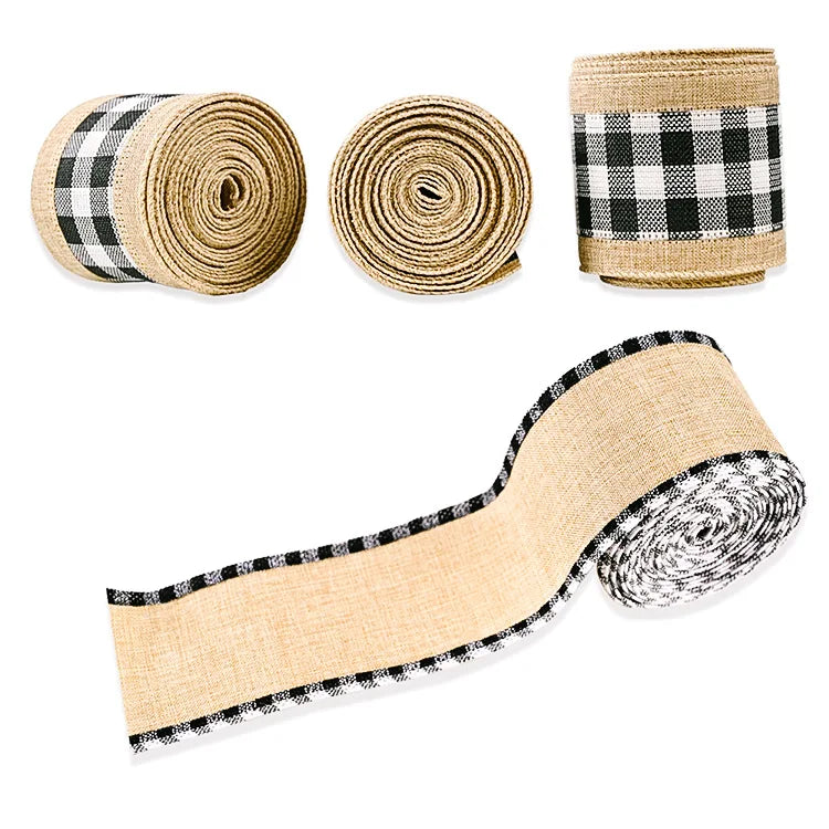 Buffalo Plaid Wired Edge Ribbons Christmas Burlap Fabric Craft Ribbon Natural Wrapping Ribbon Rolls with Checkered Edge
