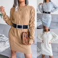 S M L 100% Acrylic Autumn Winter Casual Button High Collar Long Sleeve Underlay Woolen Dress Short Wrap Hip Knit Dress NO BELT