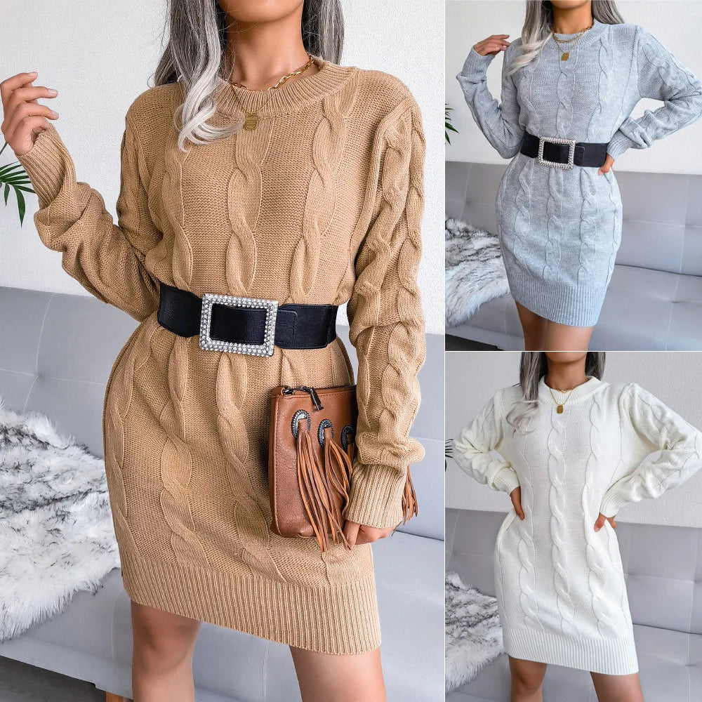 S M L 100% Acrylic Autumn Winter Casual Button High Collar Long Sleeve Underlay Woolen Dress Short Wrap Hip Knit Dress NO BELT