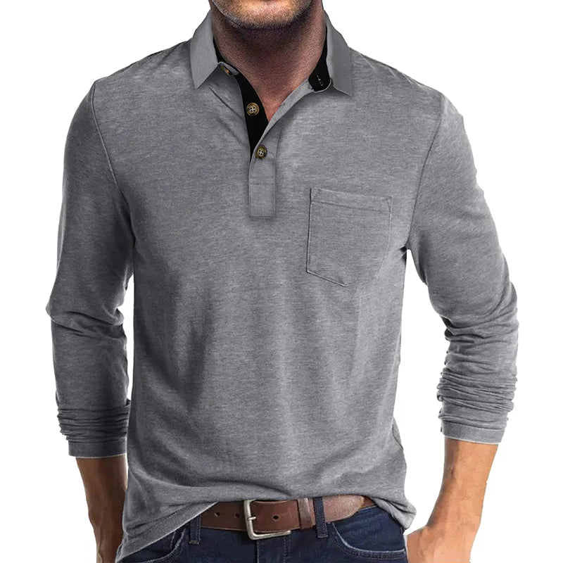 RNSHANGER Trend Men's Long Sleeve Polo Shirts Casual Solid Lapel Button up Pullover Turn Down Collar Bottoming Polo Shirt