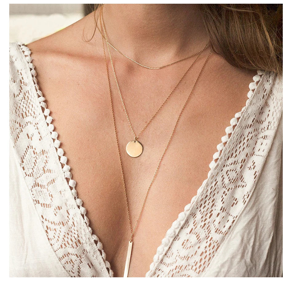 EManco Popular Layer Necklace Set Round Bar Pendant Women Elegant Stainless Steel Necklace Trendy 14k Gold Plate Jewelry Gold
