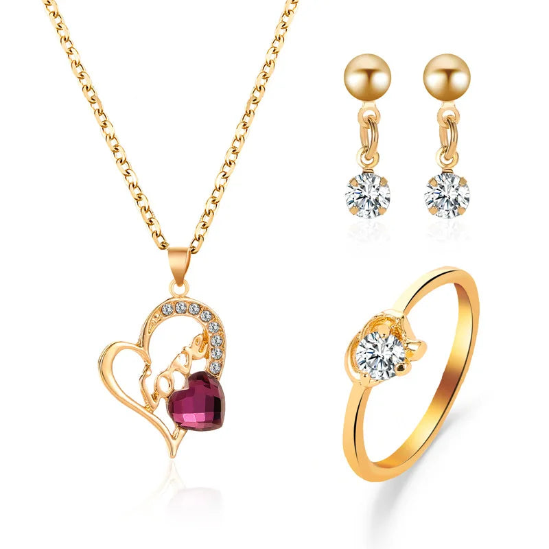 Luxury Gold Fashion Jewelry Set Love Heart Necklace Earrings Ring Golden Jewelry 3 Piece Set Diamond Bridal Wedding Jewelry Set