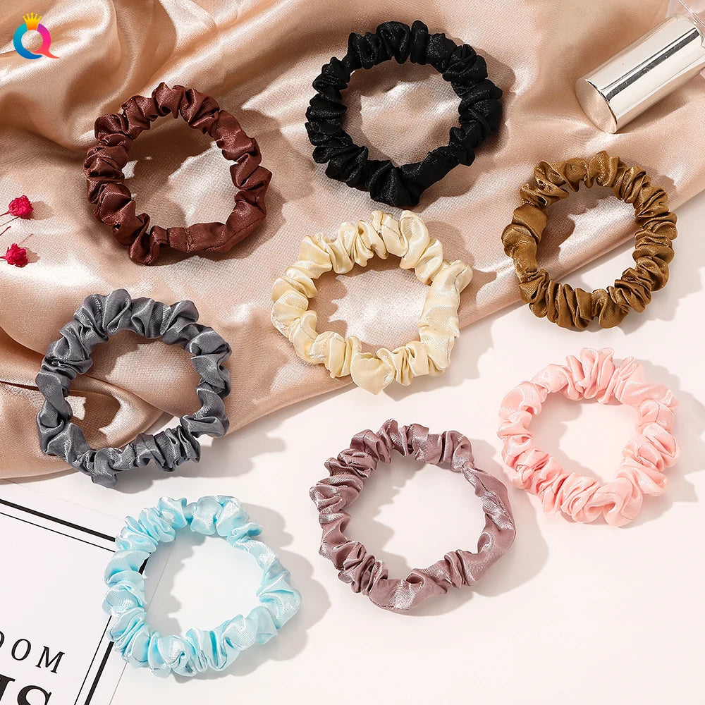 QIYUE Factory Wholesale Cheap Mini Satin Hair Accessories for Women Fashion Freshen Solid Color Satin Mini Scrunchies