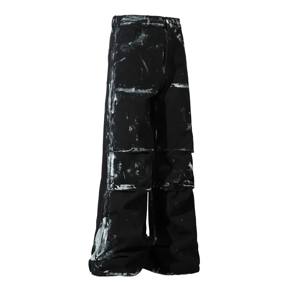 Custom Manufacturees Men Denim Trousers Belt Wash Paint Graffiti Stacked Black Jeans Fitting Wide Leg Baggy Jeans Designer Jeans