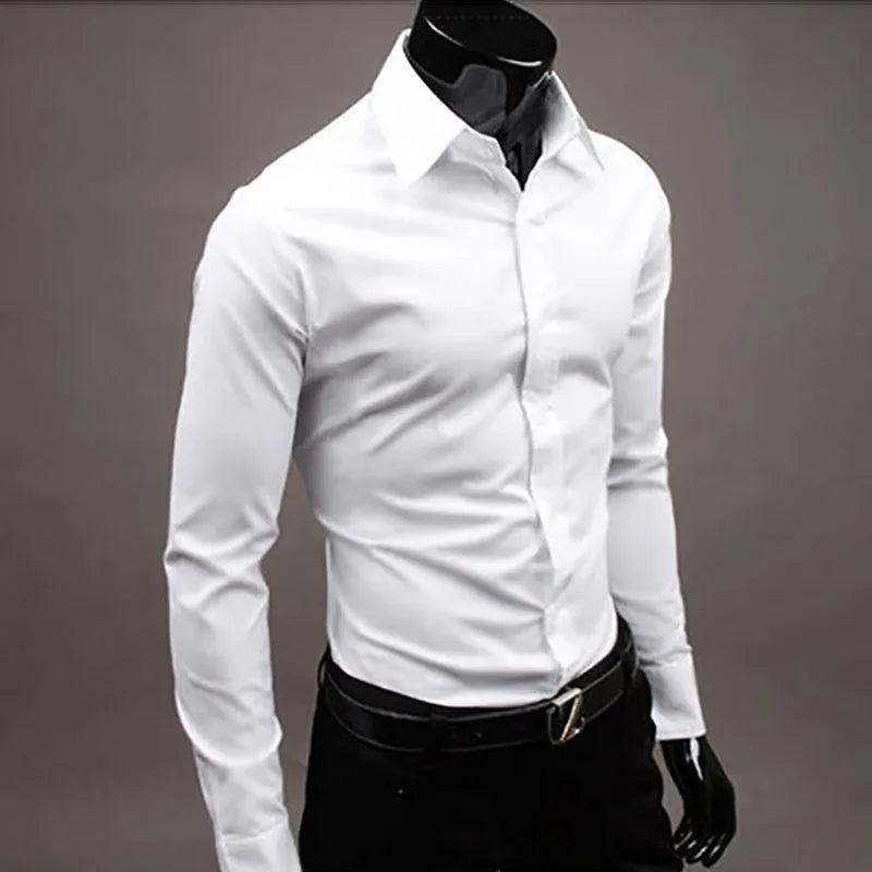 RNSHANGER 17 Colors M-5XL Men's Long Sleeve Shirts Solid Color Slim Casual Party Shirt Turn Down Collar Formal Business Shirt