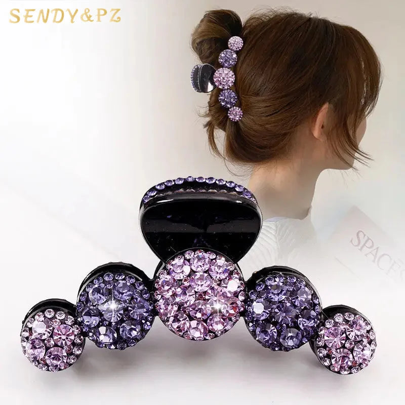 Korean Style Women Simple Luxury  10cm Large Hollow Out Rhinestone Hair Clip Five Circles Shine Crystal Hairpin Hair Accessories