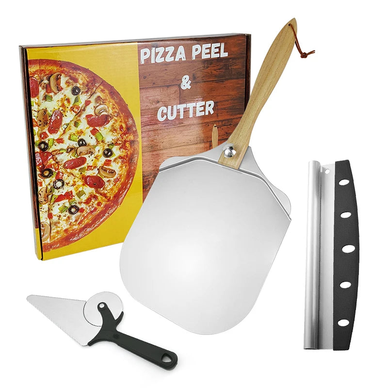 12x14 Folding Wooden Handle Aluminum Pizza Bread Spatula Pizza Peel Set with Rocker Cutter Baking Tools