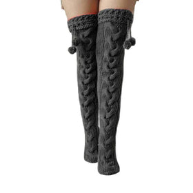 One Size Women's Knitted Socks Knee Length Stockings With Fur Ball Pile up Woolen Socks