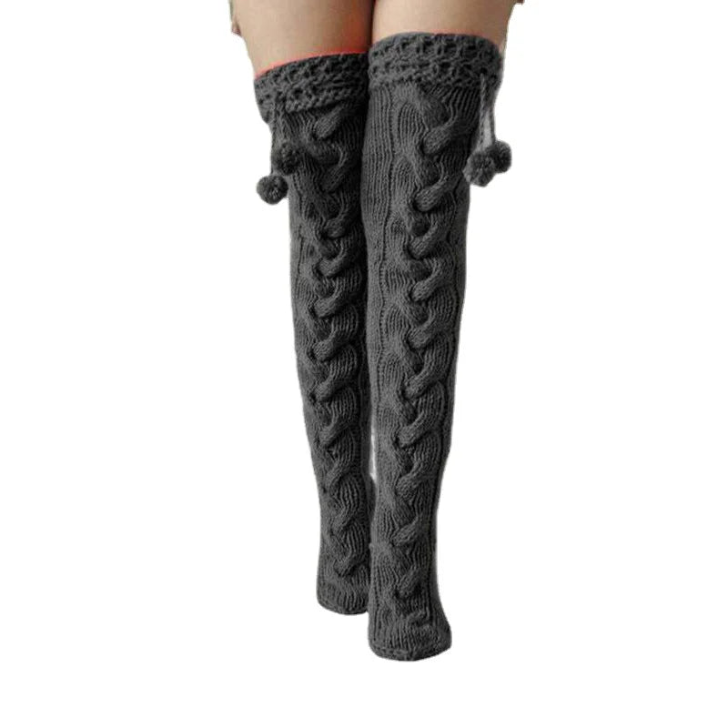 One Size Women's Knitted Socks Knee Length Stockings With Fur Ball Pile up Woolen Socks