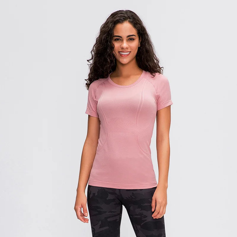 Yoga Short Sleeve Round Neck Running Fitness Top Breathable Women Yoga Sports T-shirt 100%Nylon