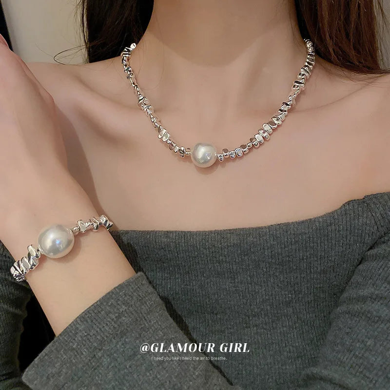 Broken Silver Two Pearl Geometric Irregular Chain Necklace Round Pearl Pendant Necklace Bracelet Women