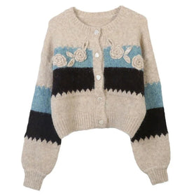 Handmade Crochet Floral Decoration Buttons Big Stripes Ladies Knitted Cardigan Sweater
