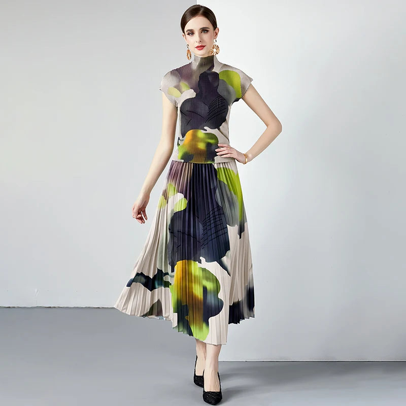 Bubble Sleeve Miyake Pleated Elegant Casual Dress Oversized Hemline Organ Design Pleated Plus Size Women Clothing Dress