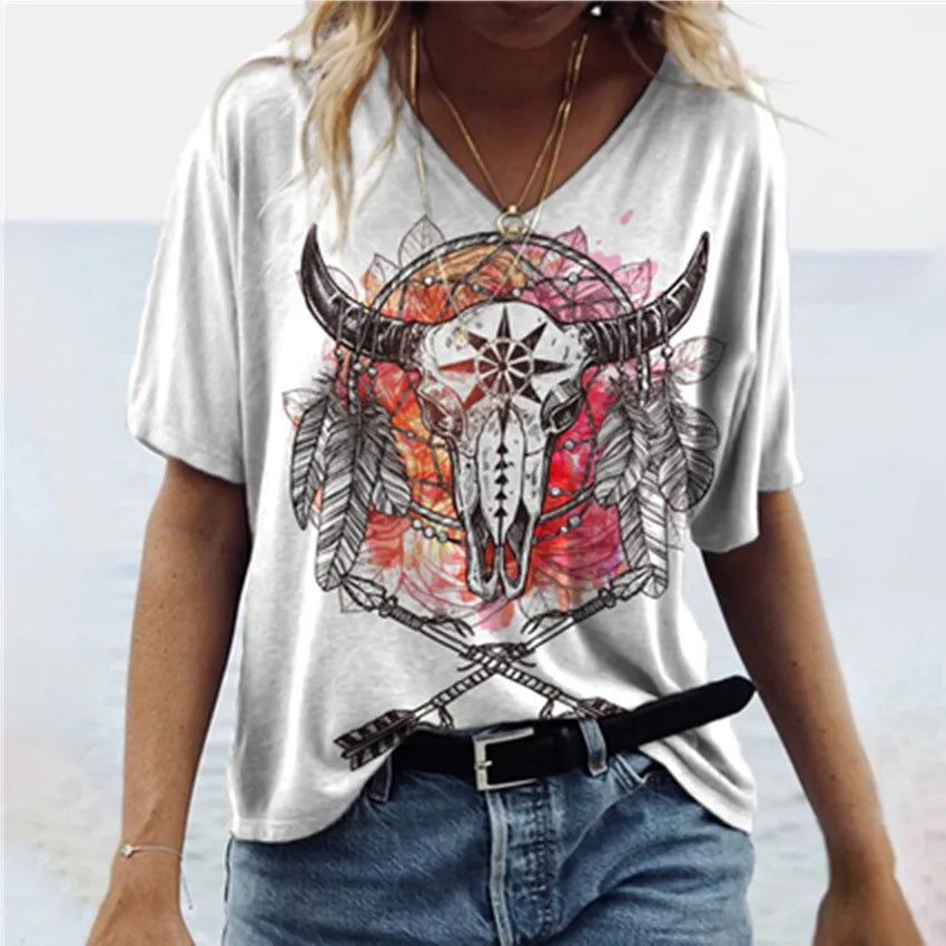 2024 Custom Summer Cowgirls Vintage V-Neck Short Sleeve Tee Blouses Tops Plain Women Western Aztec Printed T Shirts
