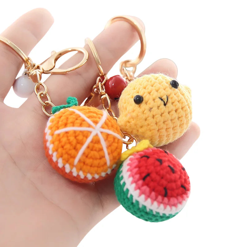 Wholesale Kawaii Crochet Fruit Keychain Hand Knitted Plush Watermelon Orange Strawberry Bag Charm Accessories Cute Keychain