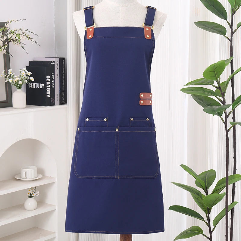 Custom Logo Cafe Bar Uniform Adjustable Waterproof Oil Resistant Canvas Chef Apron With Pockets