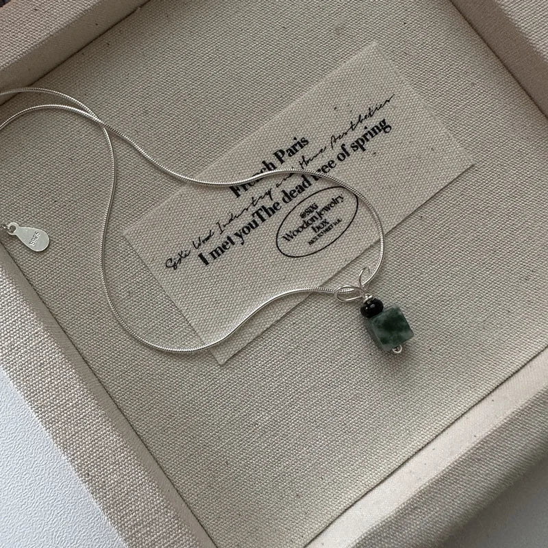 Creative Vintage Pure 925 Sterling Silver Oxidized Stone Green Natural Stone Pendant Necklace for Women Girls Jewelry