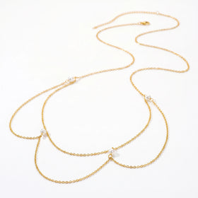 QIAOREN 13044 Dainty Pearl Layered Body Chain Stainless Steel Gold Bikini Waist Chain Summer Beach Belly Swim Jewelry