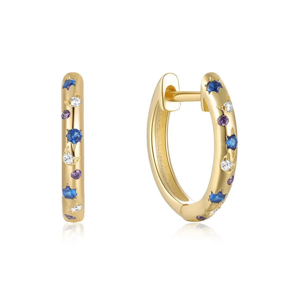 Fashion 925 Silver Jewelry Hoop Earrings Gold Plated Moon Star Color CZ Stones 18k Gold Plated Hoop Earrings Women