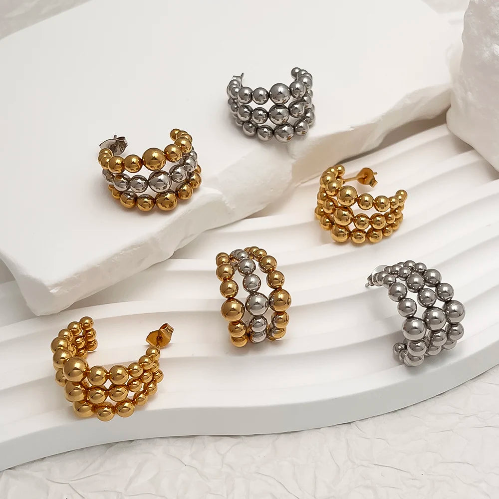 Trendy C Shape Hoop Earrings Three Layer Stainless Steel Beads Unique Design Fashion Titanium Steel Gold Plated Earring
