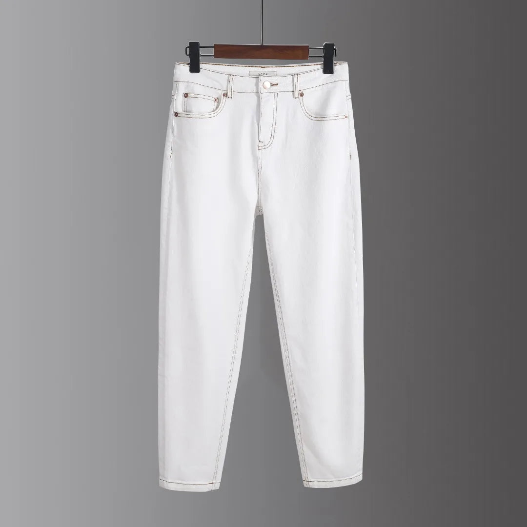 Customizable Factory Fashion Denim Full-Length Casual Jeans for Women White Color with Zipper Fly Logo Waist Harem Pants Style