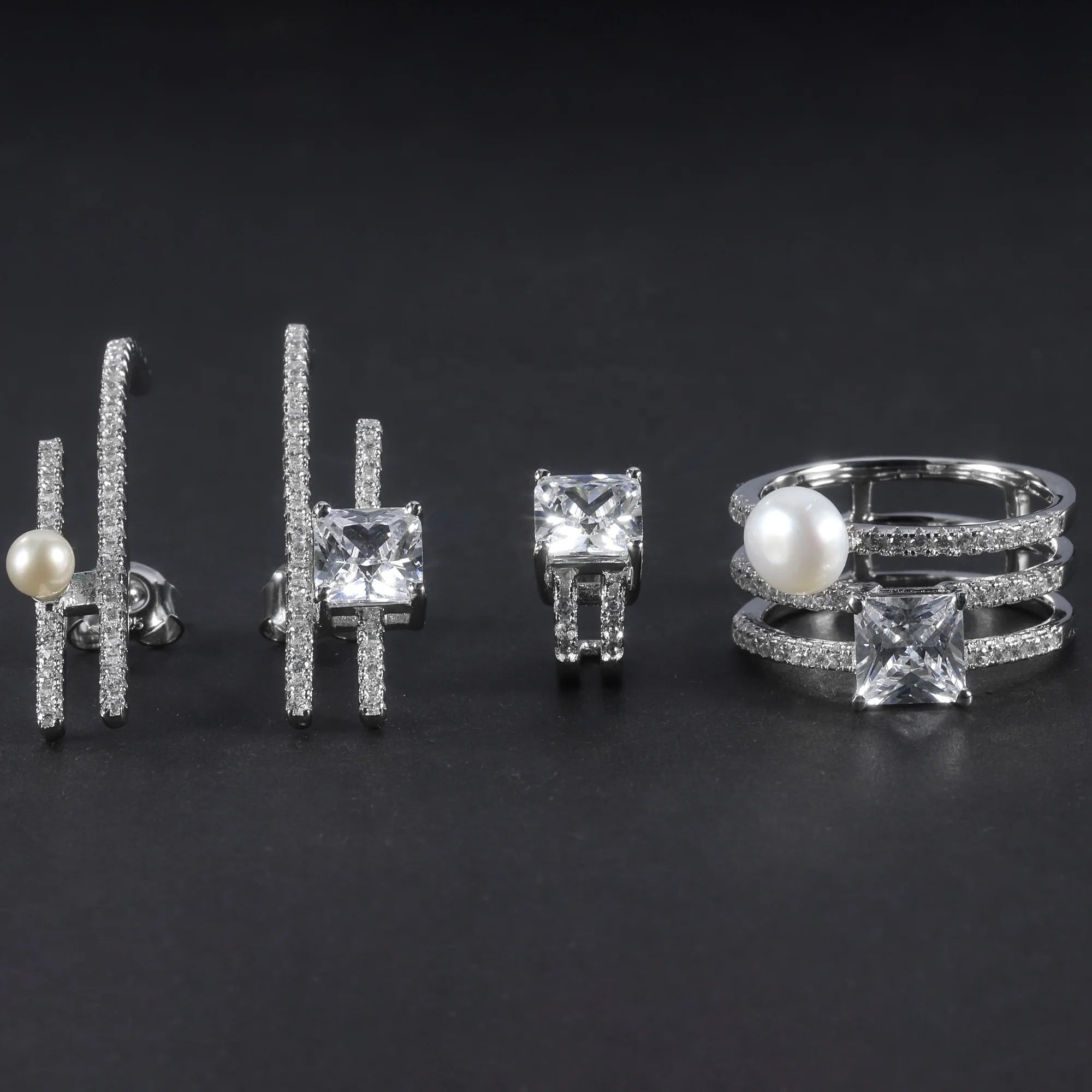 C5789 Abiding Fine Jewelry Trendy Freshwater White Pearls Cubic Zirconia Gemstone S925 Ring Earrings Jewelry Set for Women
