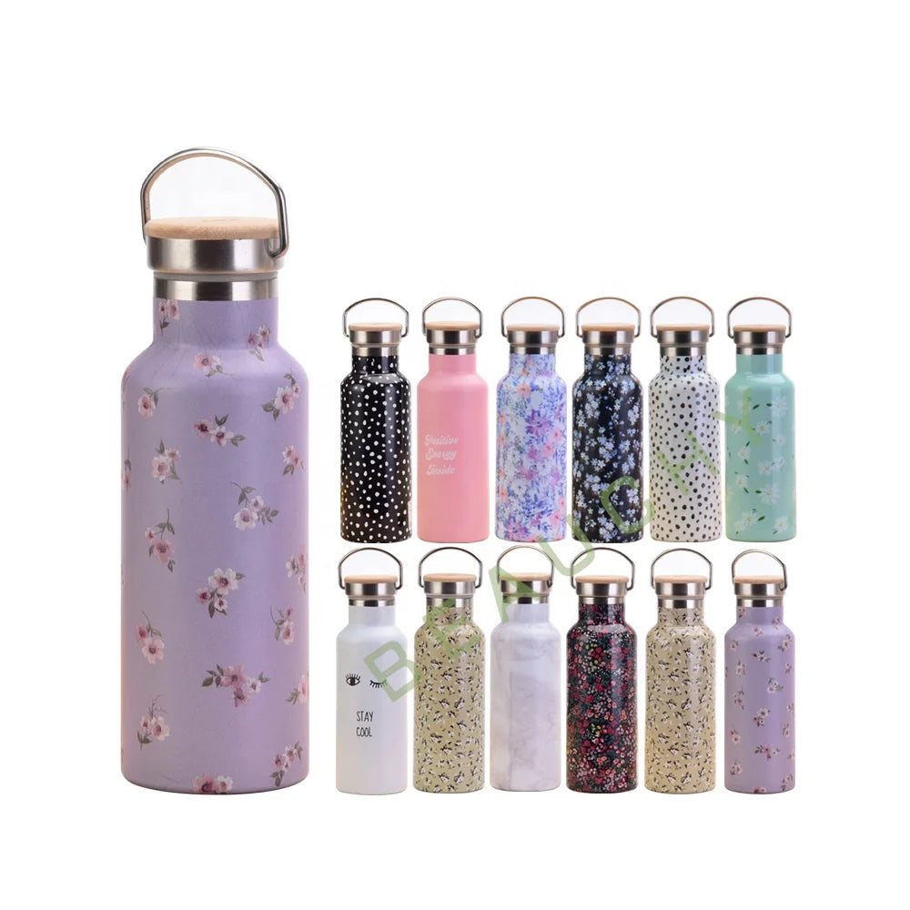 2024 Water Bottle Stainless Steel School Outdoors Sports Wide Mouth Vacuum Insulated Thermal 17oz Flask Bottle With Bamboo Lid