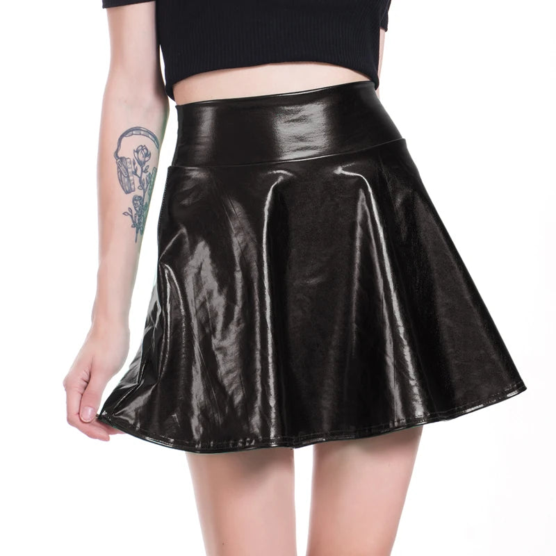 Women Bright Metallic Latex Wet Look Clubwear High Waist Girls Black Shiny Flared Mini Skating Skirts